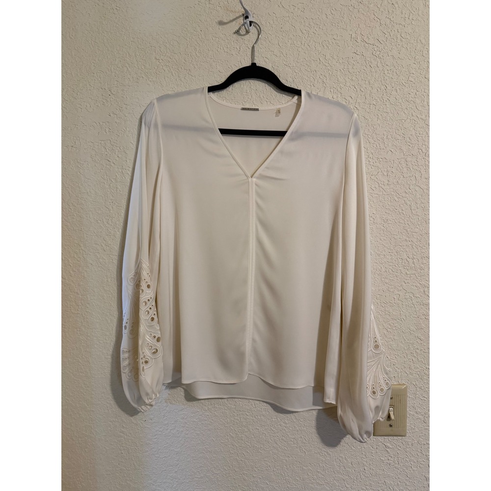 Elie Tahari Womens Off White 100% Silk Eyelet Sleeve V-Neck Blouse Size S